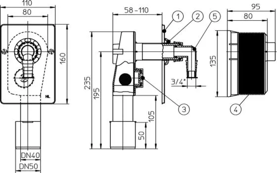 HL 400 Waschgeräte-Einbausifon DN40/50