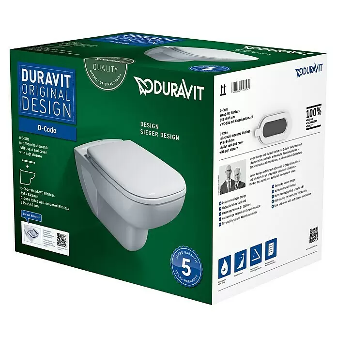 Duravit D-Code Wand-WC-Set inkl. WC-Sitz mit Absenkautomatik, weiß